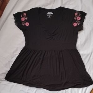 Torrid Black Top with Pink Floral Embroidery